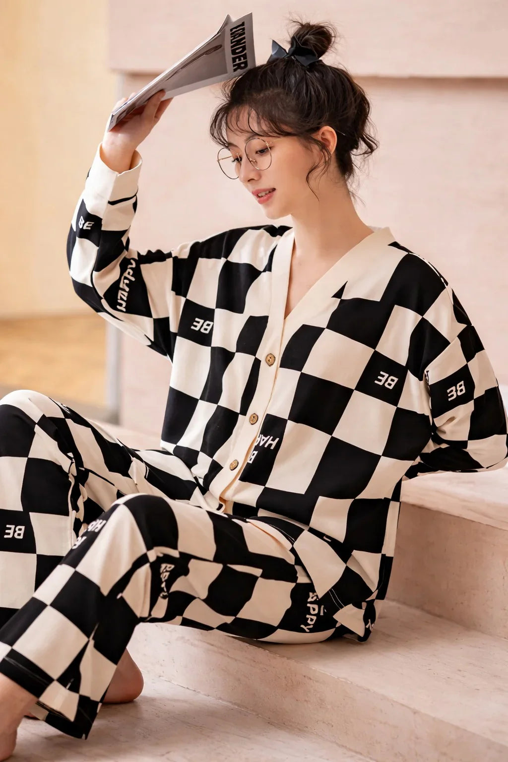 Off White with Black Check V-Neck Button Printed Pj Set For Her