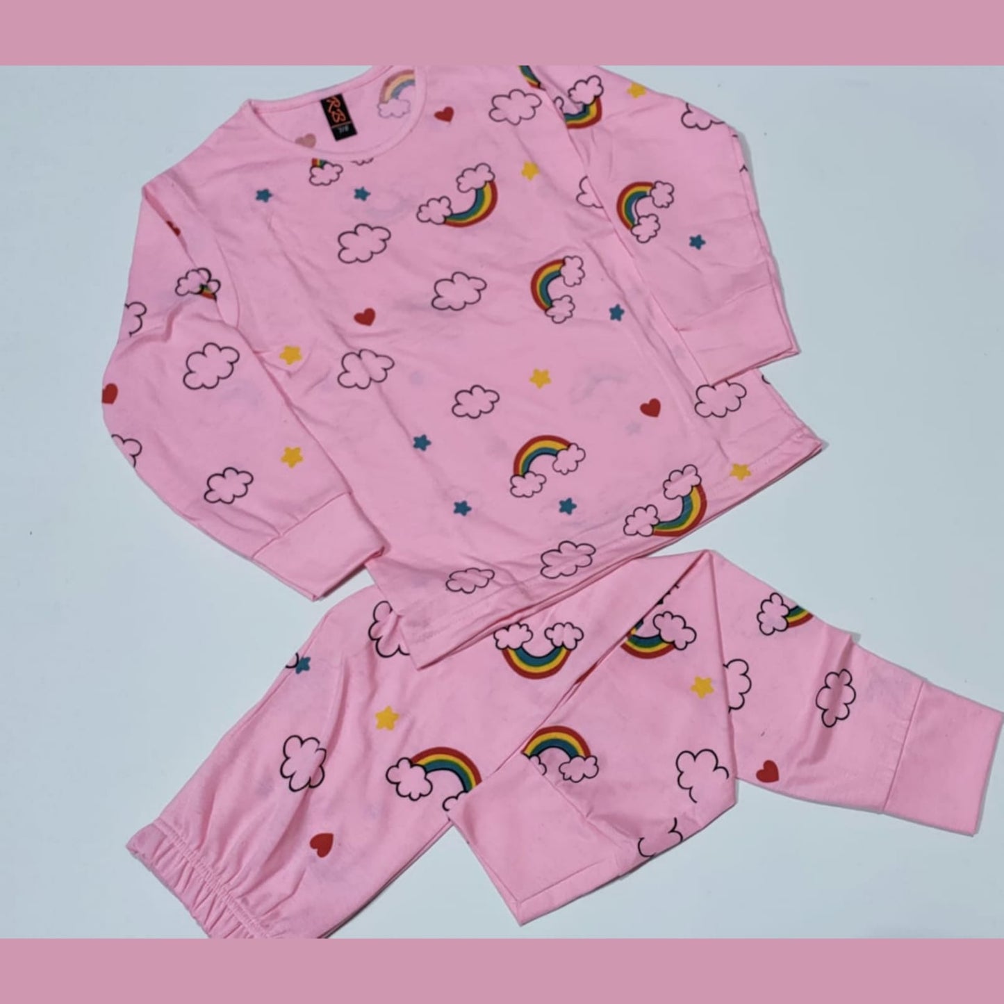 Baby or Baba Pink Rainbow Print Full Sleeves Night Suit for Kids (1 Pcs) (ZA-128)