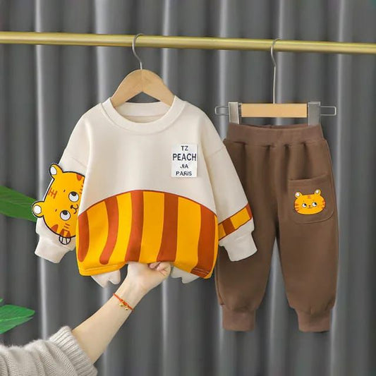 Off White Meow Print Sweatshirt With Brown Trouser For Kids (ZA-521)