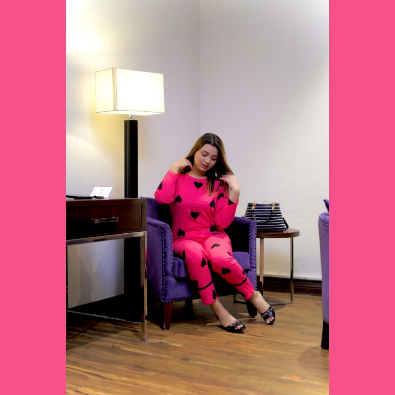 Shocking Pink With Black Big Heart print Full Sleeves Night Suit for her (ZA-31)