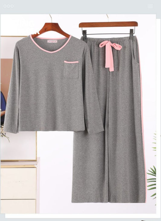 Plain Grey With Pink Pocket T-shirt With Plazzo Pajama Suit (ZA-106)