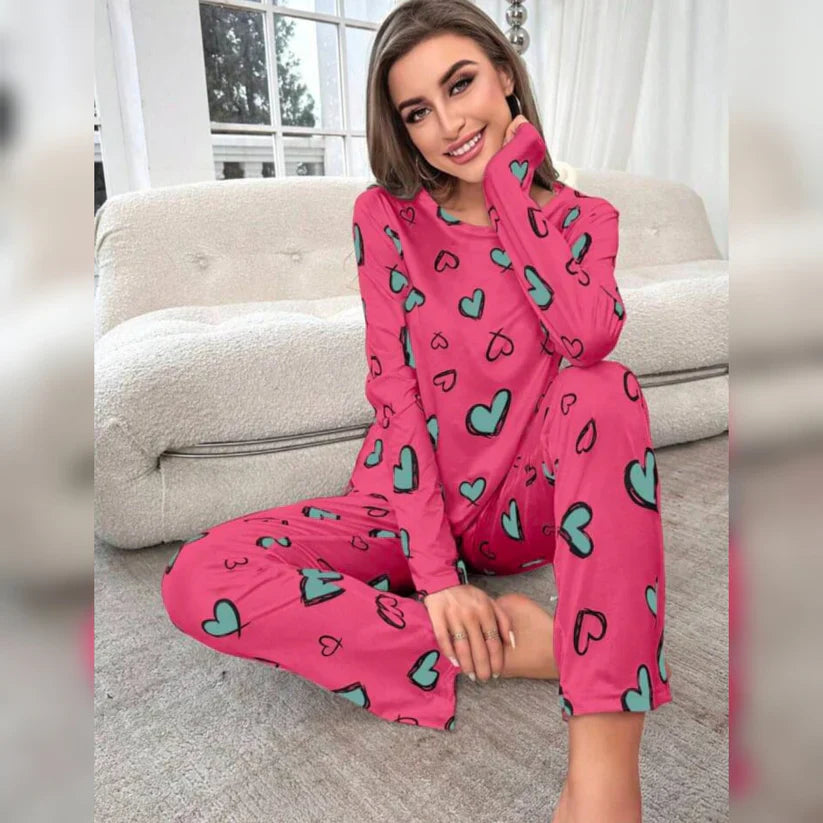 Shocking Pink With Green Herats Print With Hearts Printed Trouser (ZA-492)