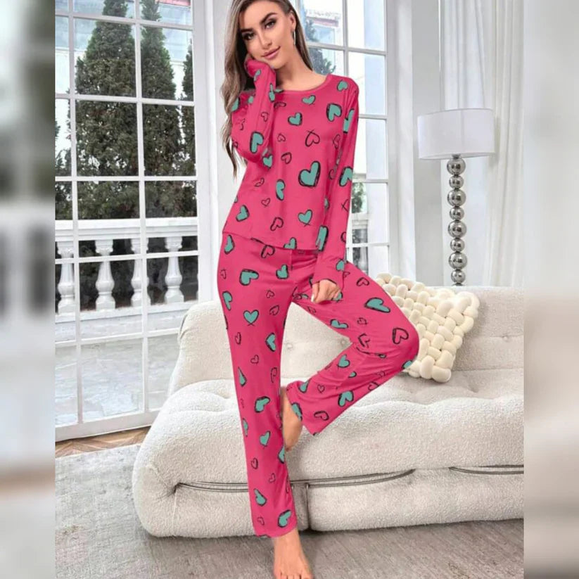 Shocking Pink With Green Herats Print With Hearts Printed Trouser (ZA-492)