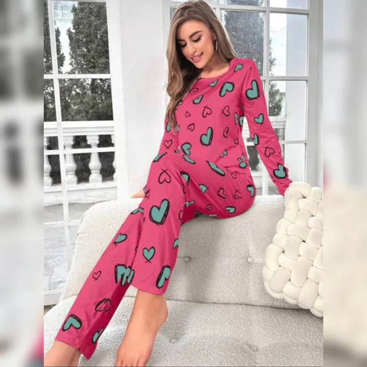 Shocking Pink With Green Herats Print With Hearts Printed Trouser (ZA-492)