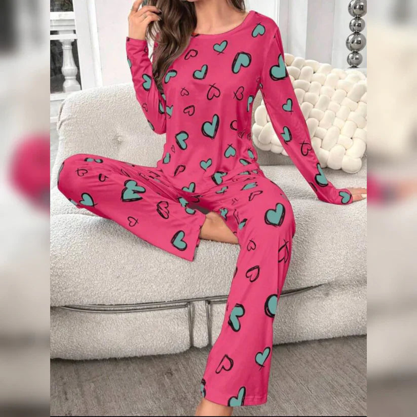 Shocking Pink With Green Herats Print With Hearts Printed Trouser (ZA-492)