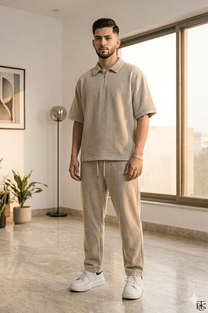 Men's beige track suit Zipper Shirt & trouser Set