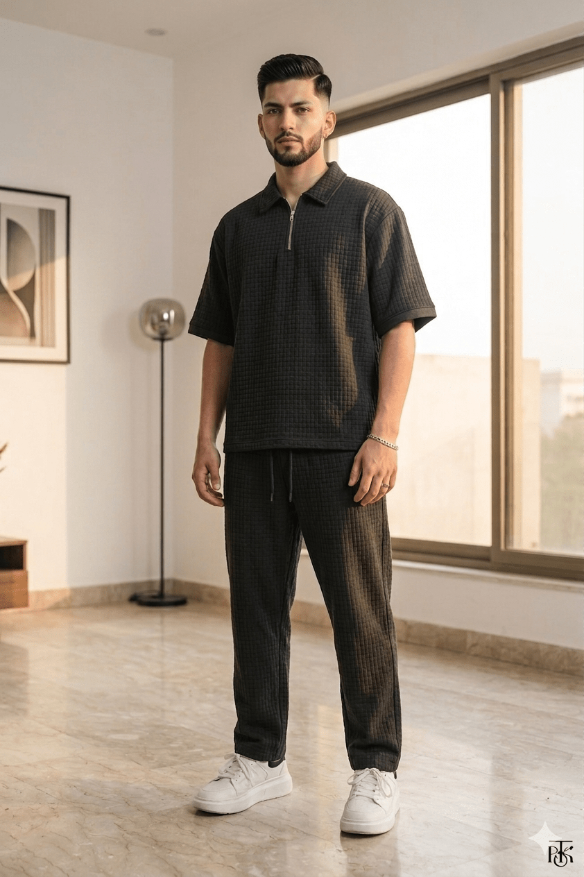 Men's black track suit Zipper Shirt & trouser Set