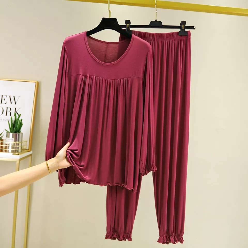 Maroon Round Neck Frill Style T Shirt with Palazzo Style Pajama Full Sleeves Suit for Her (ZA-70)