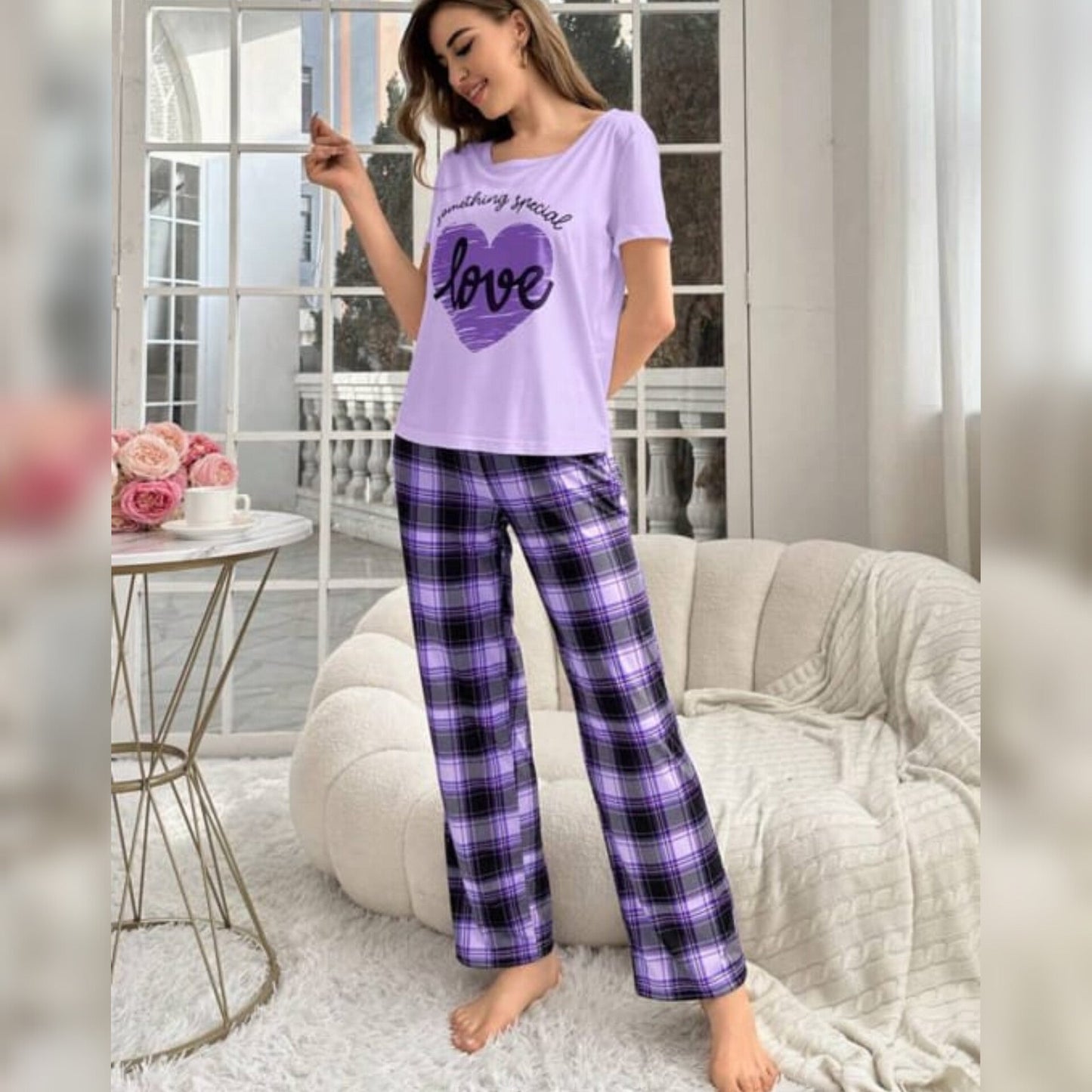 Purple With Love Heart Print Half Sleeves T-shirt With Check Printed Trouser Suit (RX-191)