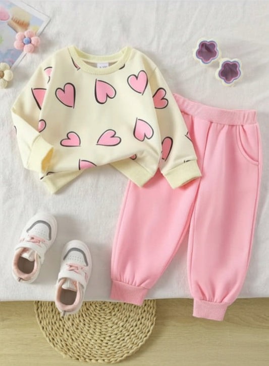 Off White with Pink Hearts Printed Sweatshirt with Pink Trouser For Kids