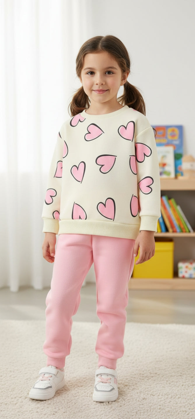 Off White with Pink Hearts Printed Sweatshirt with Pink Trouser For Kids