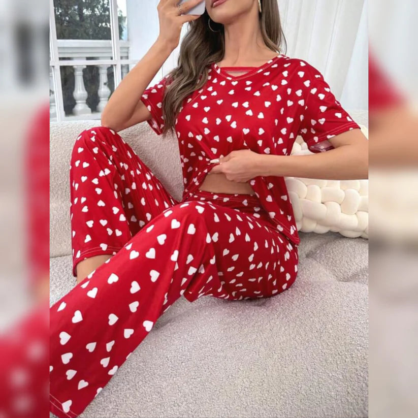 Red All Over Hearts Half Sleeves Printed Night Suit (KO-NS-496)