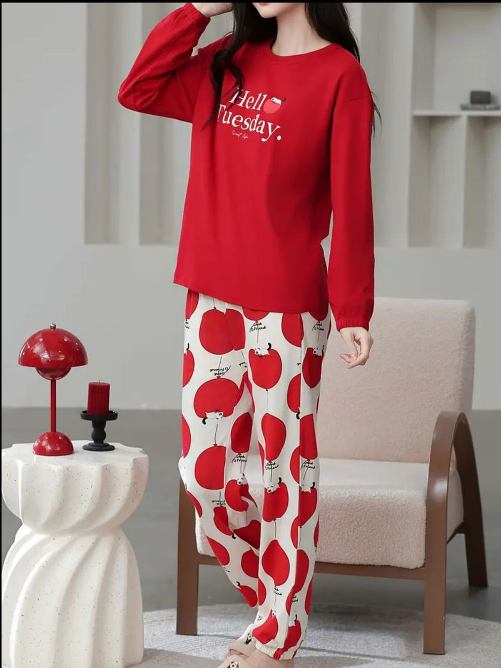 Red Hello Tuesday Printed Full Sleeves PJ Set For Her