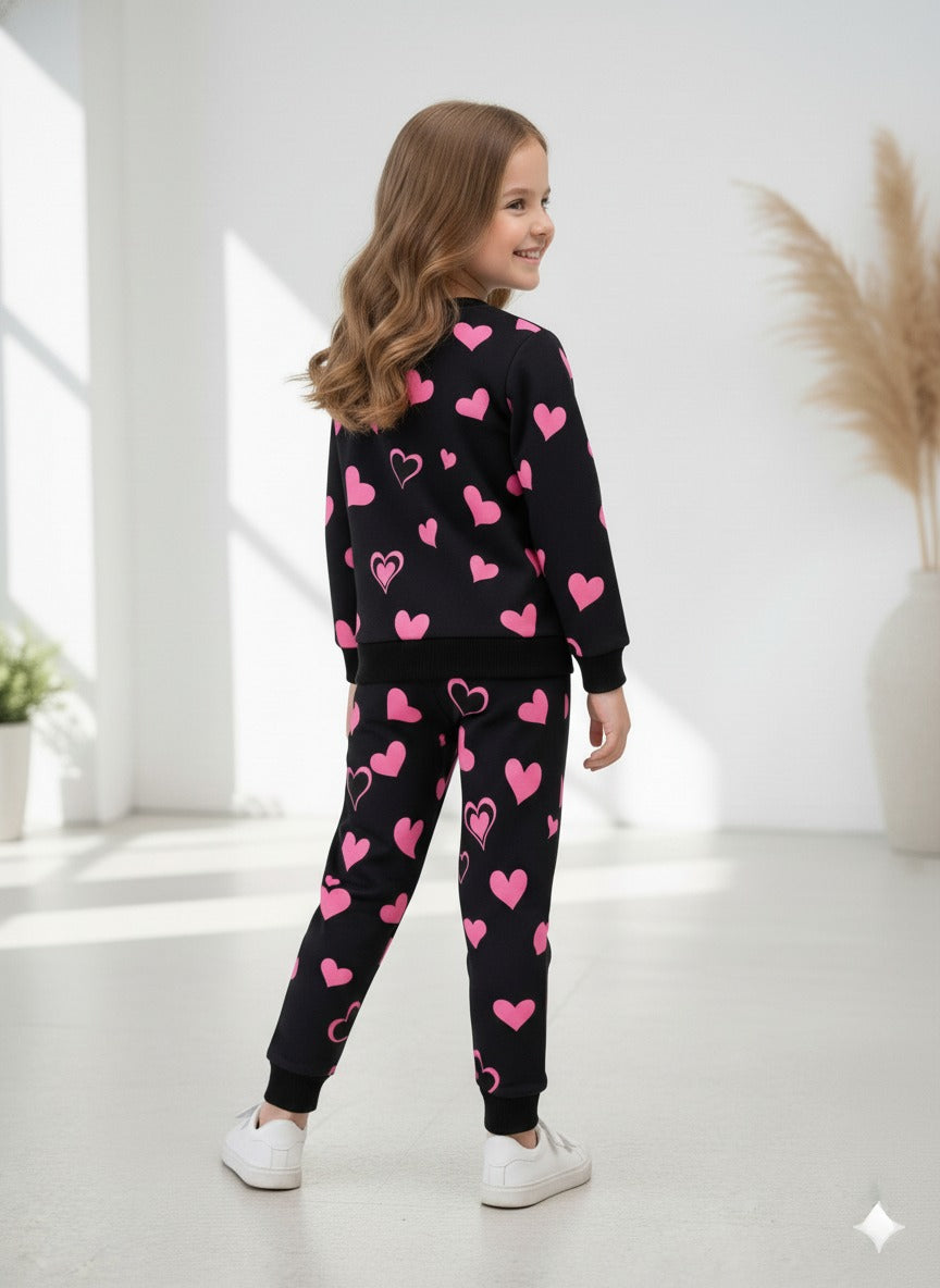 Black Kitty With Pink Hearts Printed Sweatshirt with Matching trouser Kids track suit