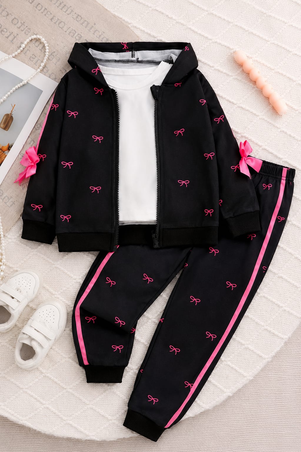 Black With Pink Bow Printed Zipper Track Suit