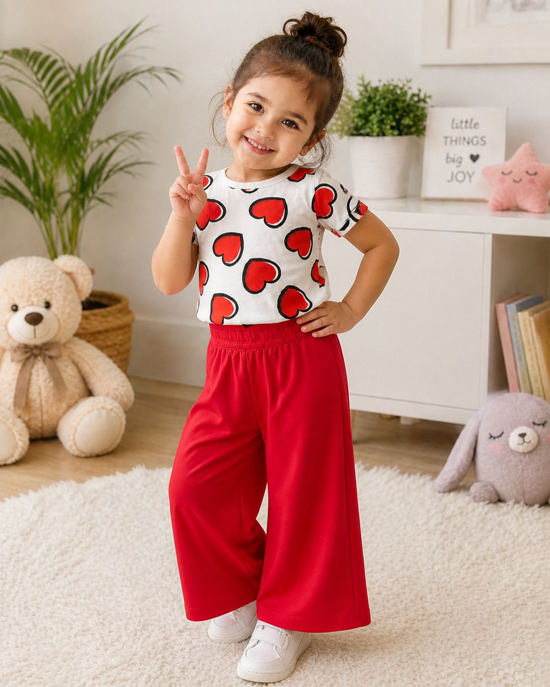 Offwhite Reddish Heart Printed Half Sleeves T-shirt with Red Plain Pajama Kids Suits