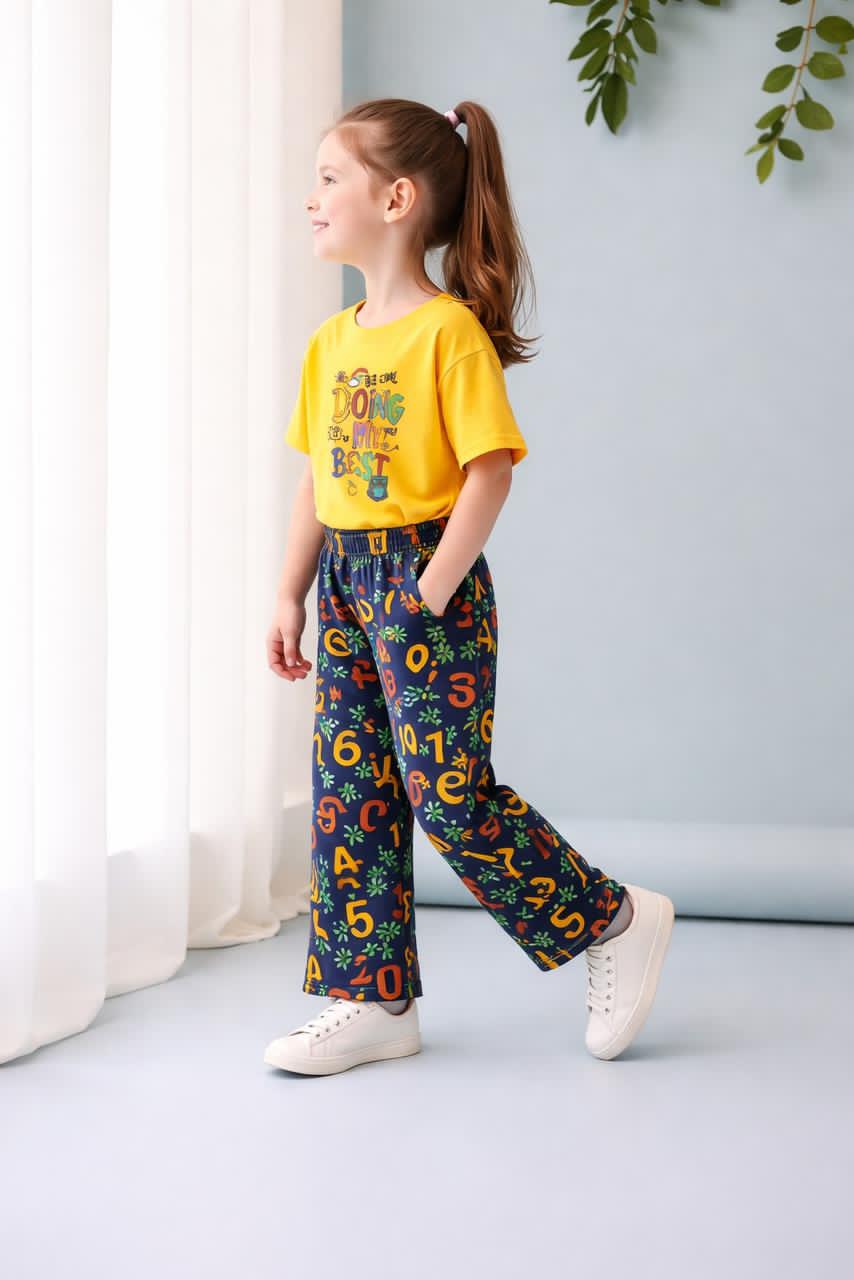 Yellow Doing My Best Printed Half Sleeves T-shirt with multi Digital Printed Pajama Kids Suits
