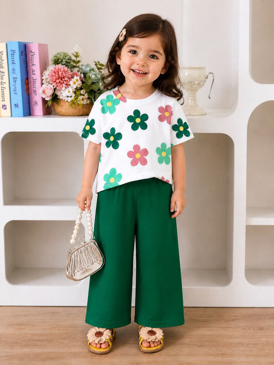 Offwhite Green Flower Printed Half Sleeves T-shirt with Bottle Green Plain Pajama Kids Suits