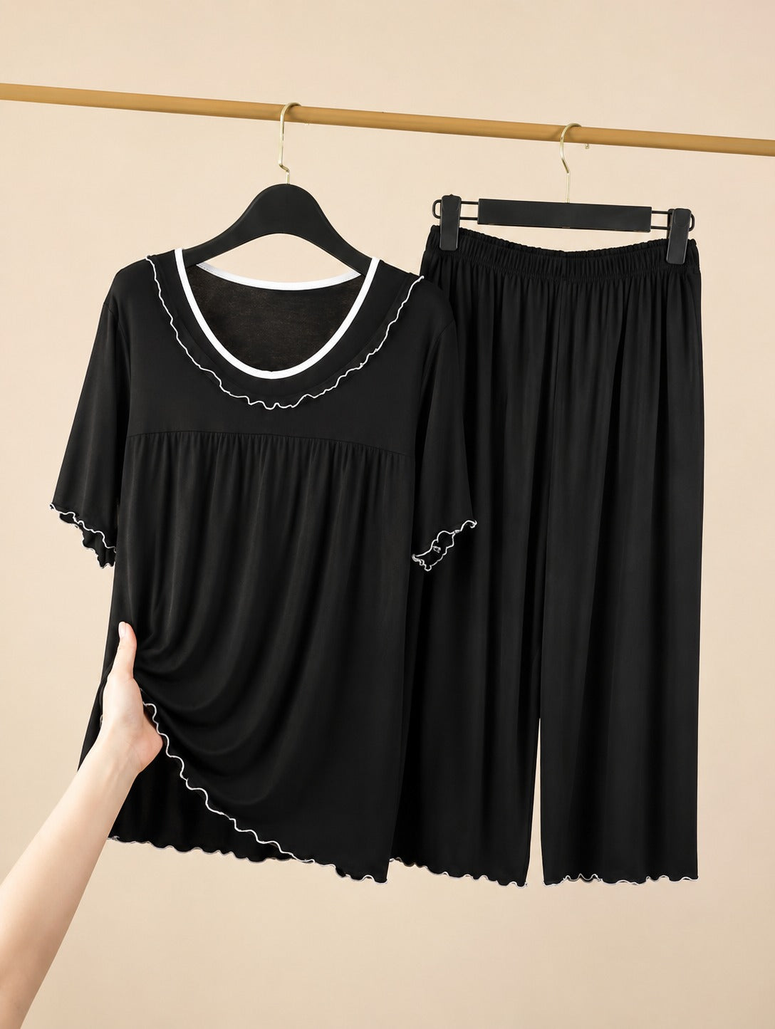 New Black With White Pipin With Frill Night Suit For Her