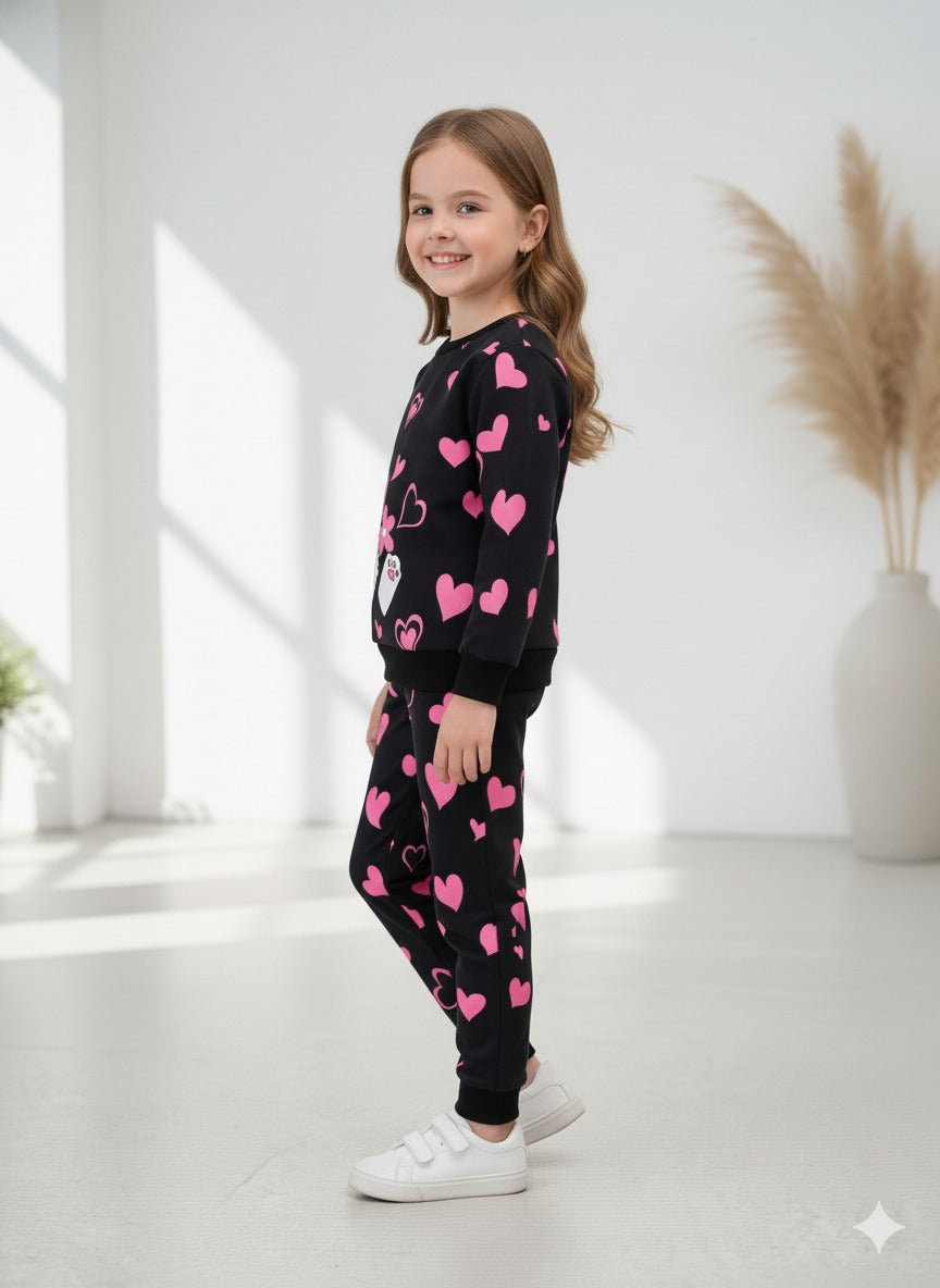 Black Kitty With Pink Hearts Printed Sweatshirt with Matching trouser Kids track suit