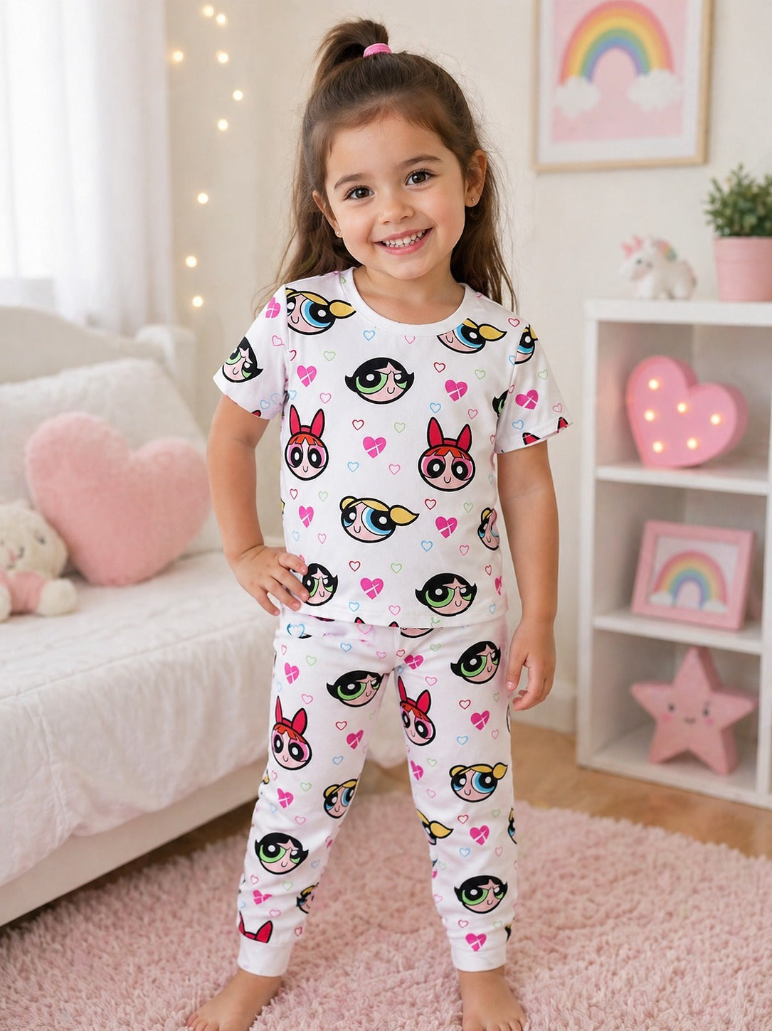 Offwhite Power girls Printed Half Sleeves T-shirt with Power Girl Digital Printed Pajama Kids Suits