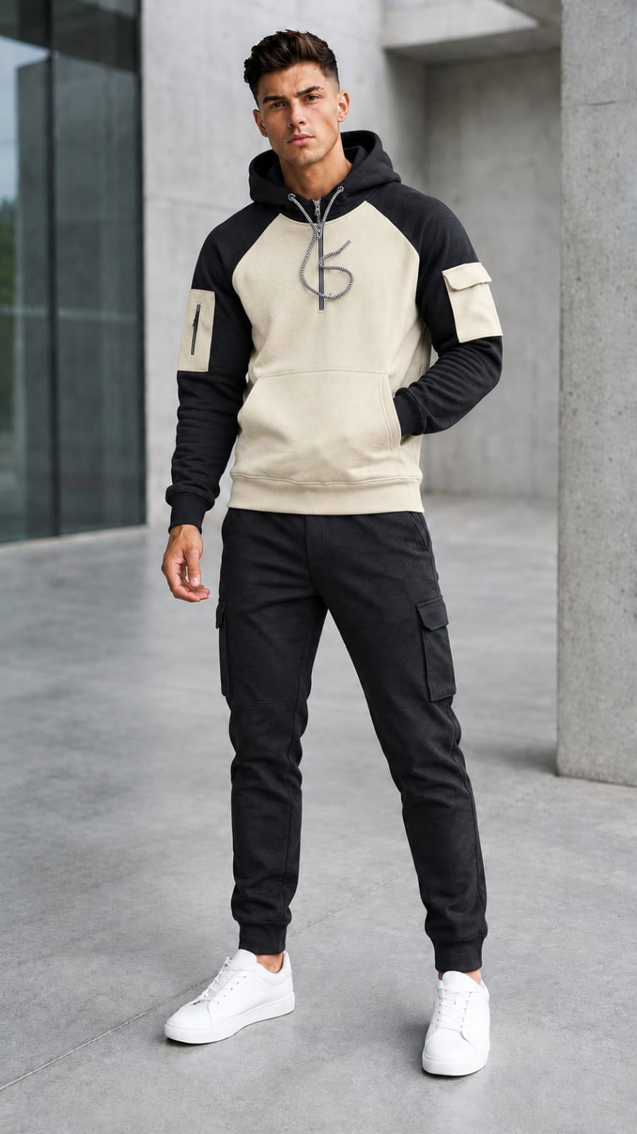 Off white with black slvees Winter Panel Hoodie