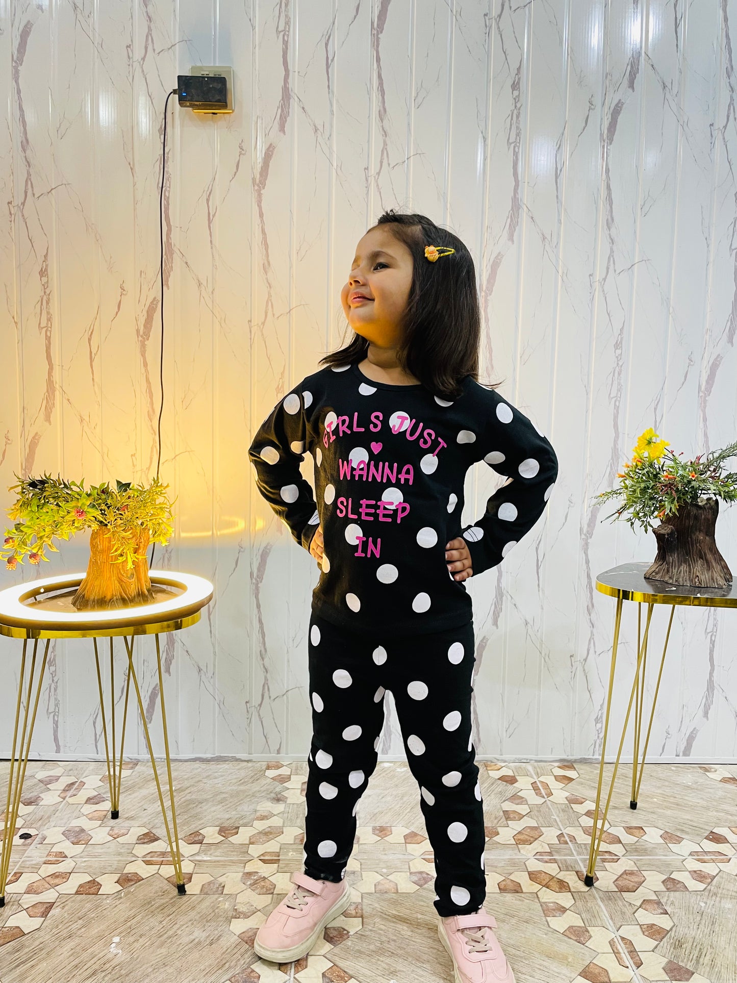 Black Polka Dot wanna sleep Printed Kids Night Suit(ZA-244)
