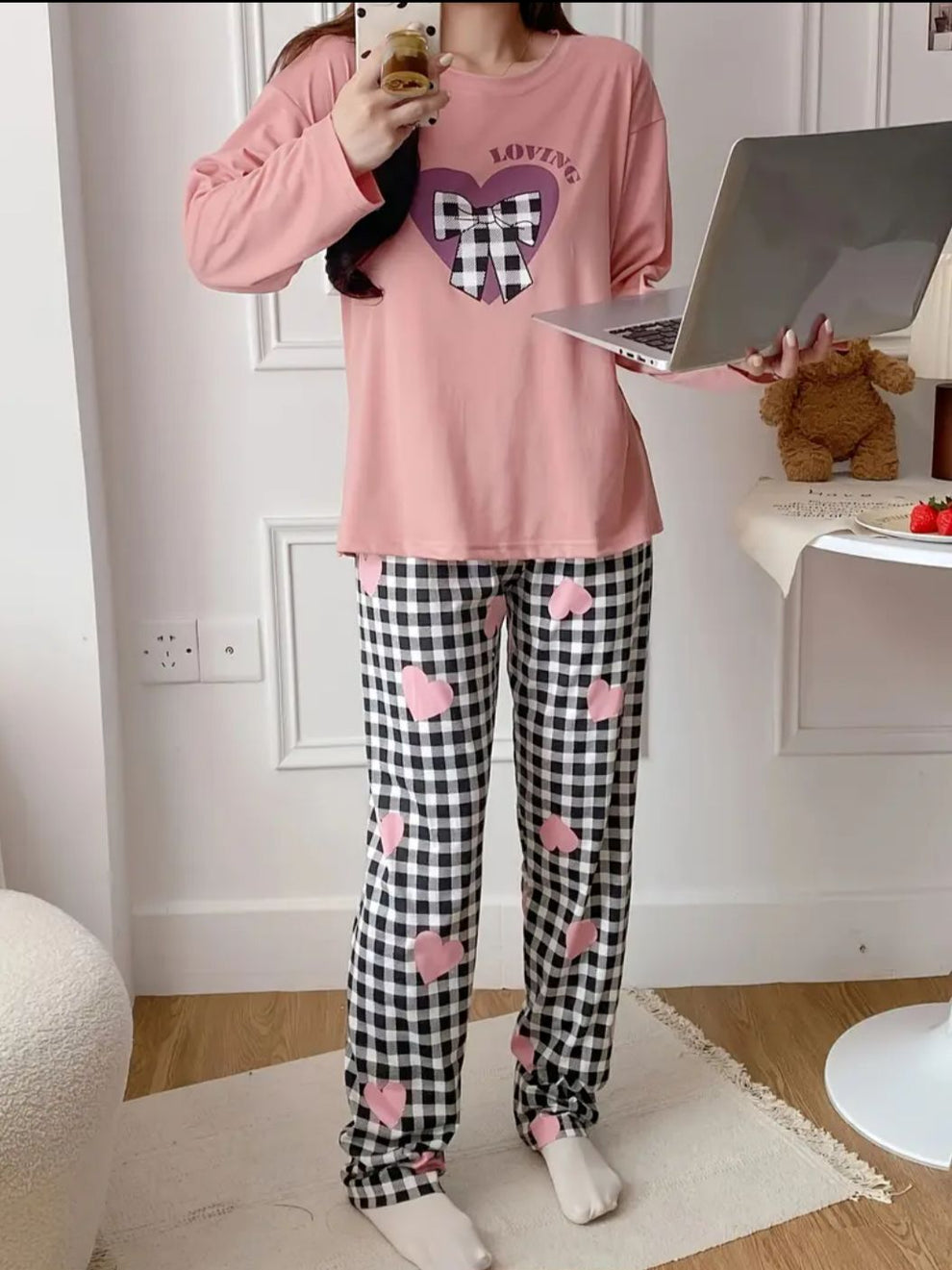 Baby Pink Loving with Cheq Ribbon Printed Full Sleeves PJ Set For Her