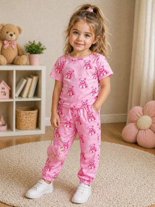 Baby Pink Bear Printed Half Sleeves T-shirt with Bear Printed Digital Printed Pajama Kids Suits
