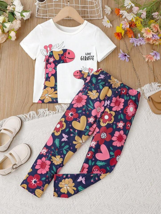 Offwhite Floral Giraffe Printed Half Sleeves T-shirt with Floral Printed Pajama Kids Suits