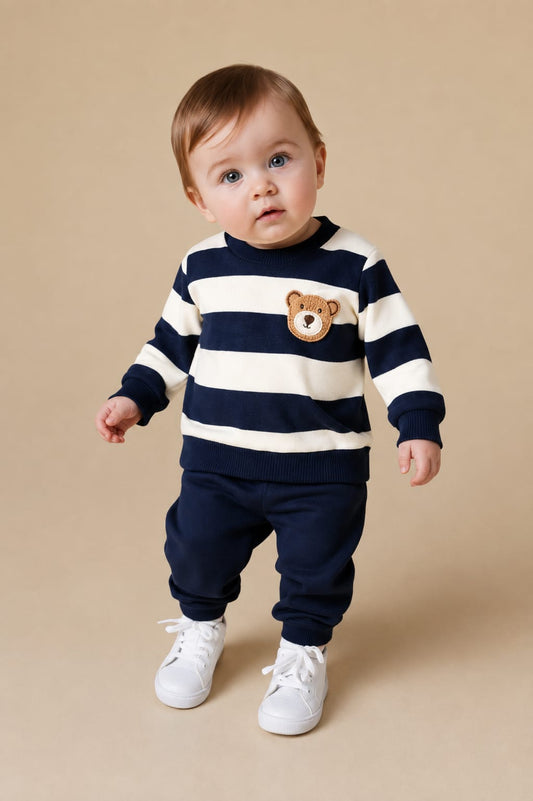 Blue And White Stripes Bear Printed Kids Track Suit
