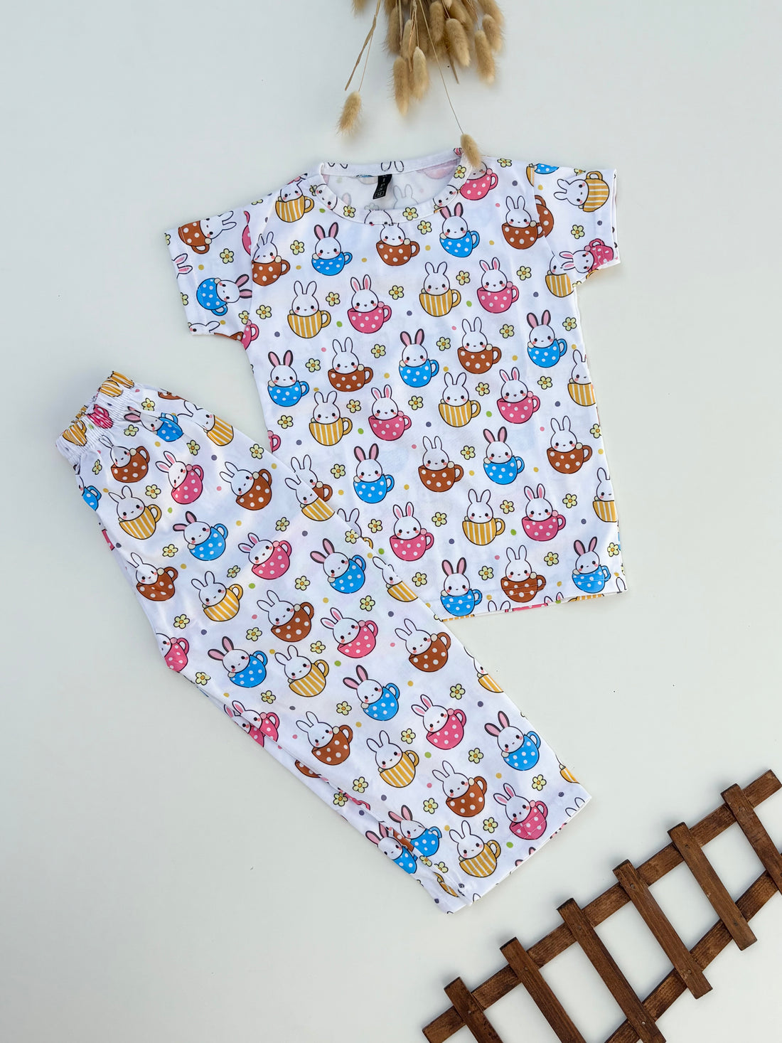 Offwhite multi Rabbit Printed Half Sleeves T-shirt with Multi Rabbit Digital Printed Pajama Kids Suits