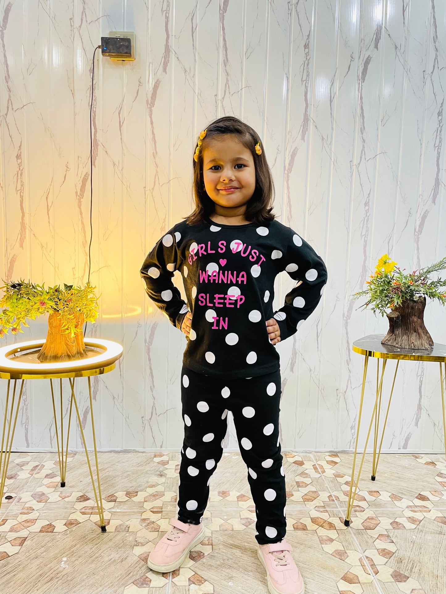 Black Polka Dot wanna sleep Printed Kids Night Suit(ZA-244)