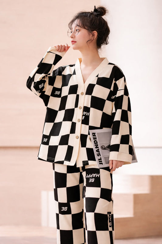 Black Offwhite Check Happy be Printed Front Button Style For Her