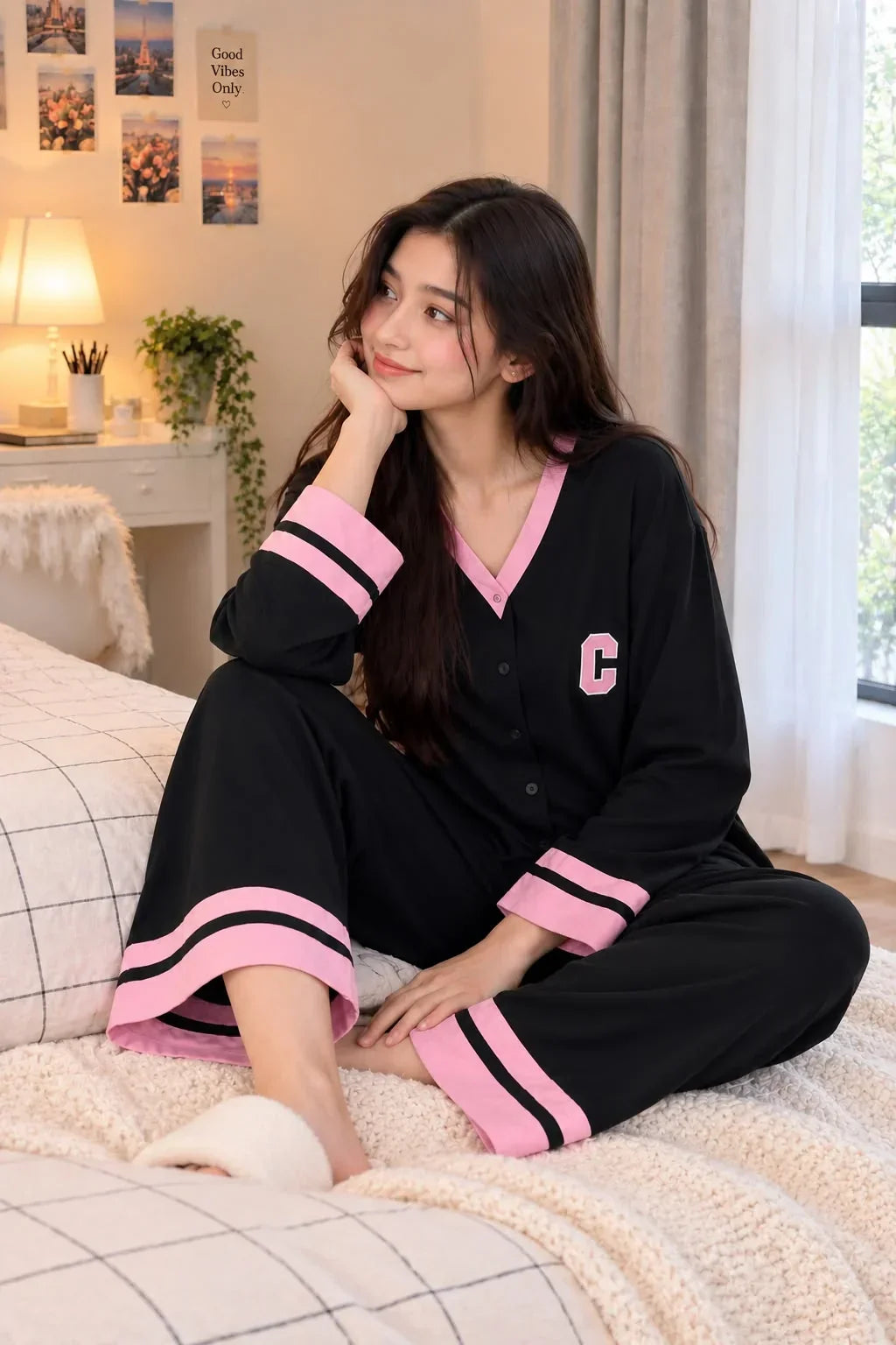 Black with Pink Classic Printed V-Neck Button PJ Set For Her