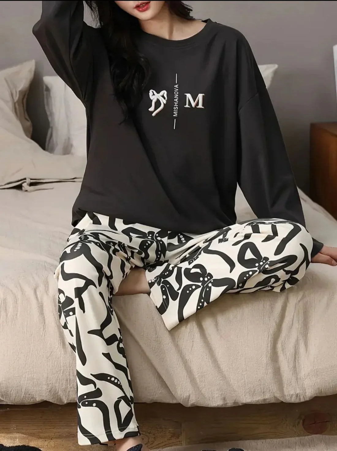 Black Ribbon Printed Full Sleeves Shirt with Off White Printed PJ Set For Her