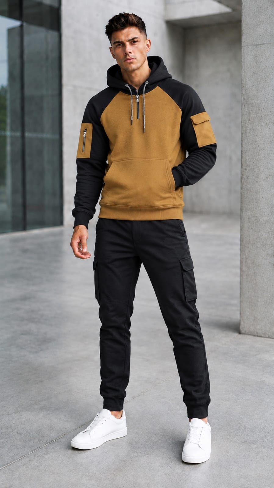 Beige with black slvees Winter Panel Hoodie