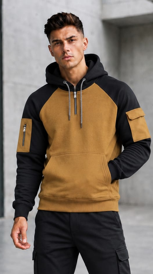 Beige with black slvees Winter Panel Hoodie
