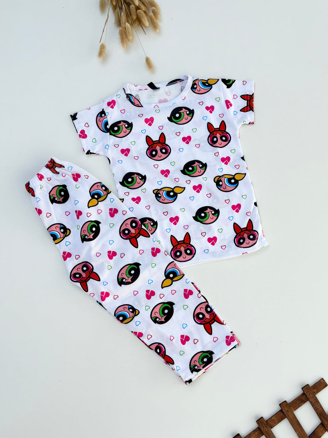 Offwhite Power girls Printed Half Sleeves T-shirt with Power Girl Digital Printed Pajama Kids Suits
