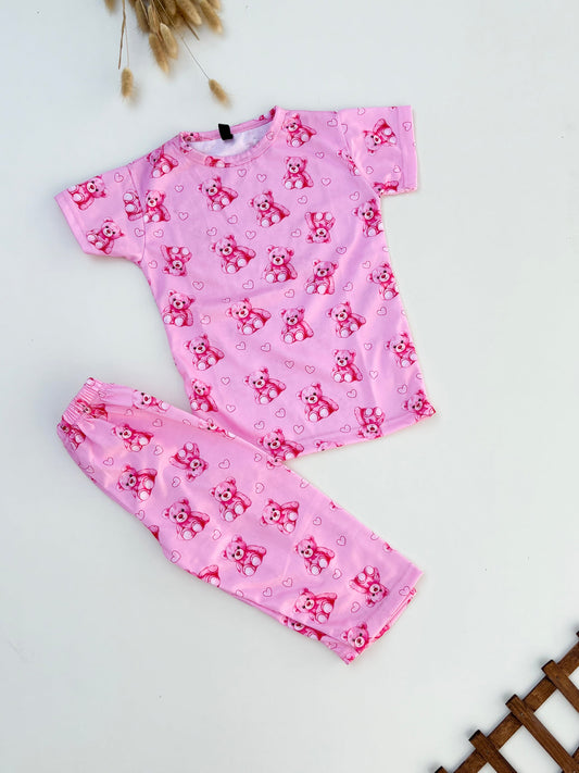 Baby Pink Bear Printed Half Sleeves T-shirt with Bear Printed Digital Printed Pajama Kids Suits
