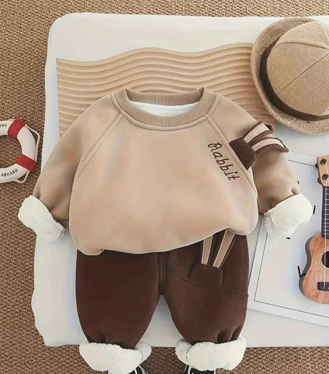 Camel Brown Fleece-Lined Winter Outfit Cute Rabbit design Sweatshirt With Cute Rabbit lined Trouser Tracksuit For Kids