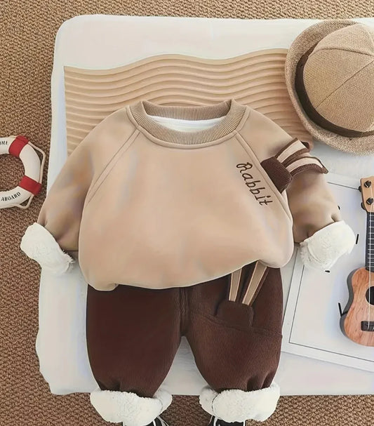 Camel Brown Fleece-Lined Winter Outfit Cute Rabbit design Sweatshirt With Cute Rabbit lined Trouser Tracksuit For Kids