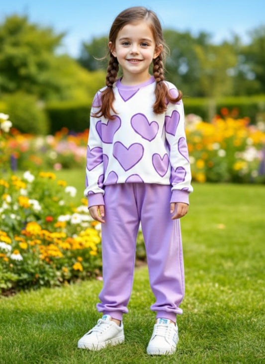 off white Purple Hearts with purple pajama Kids track suit