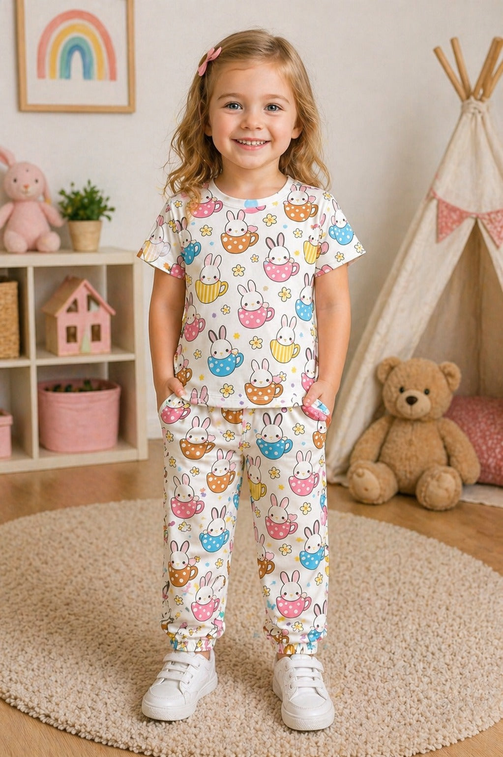 Offwhite multi Rabbit Printed Half Sleeves T-shirt with Multi Rabbit Digital Printed Pajama Kids Suits