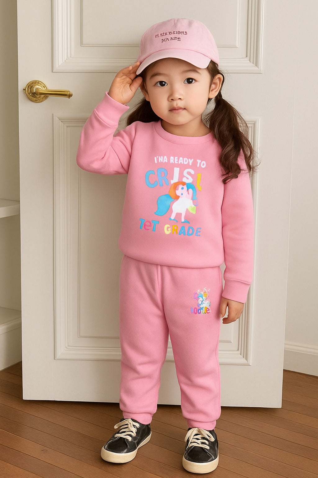 Baby Pink I'M Ready to Crush Unicorn Printed Sweatshirt With Printed Tracksuit For Kids