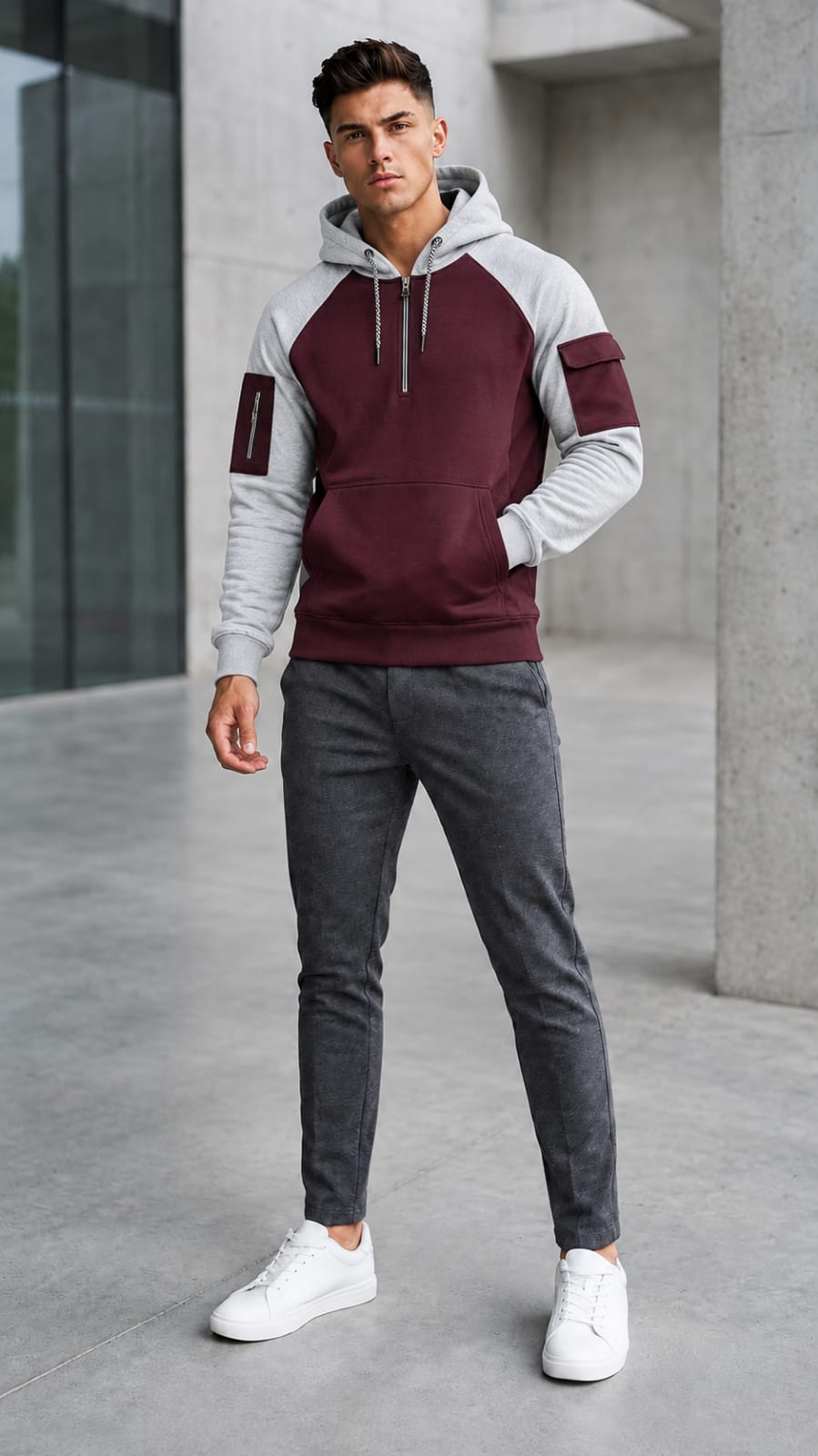 Mehroon with grey slvees Winter Panel Hoodie