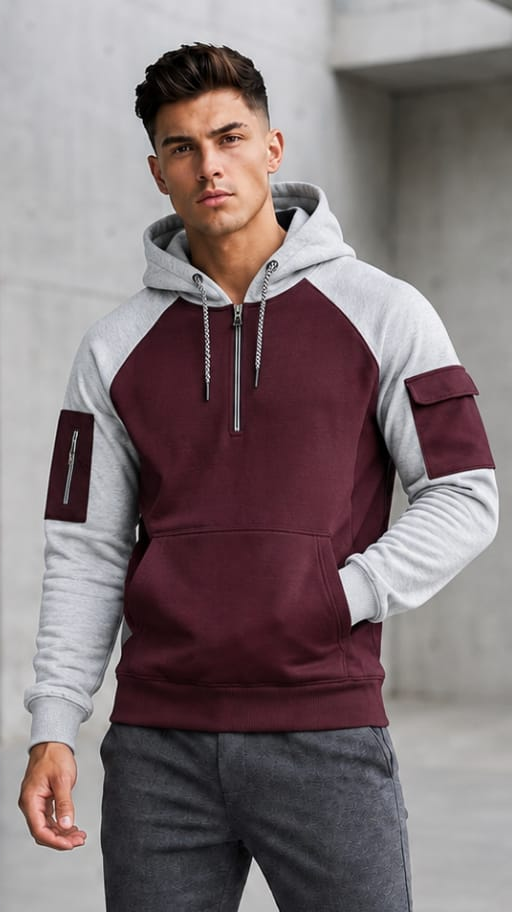 Mehroon with grey slvees Winter Panel Hoodie