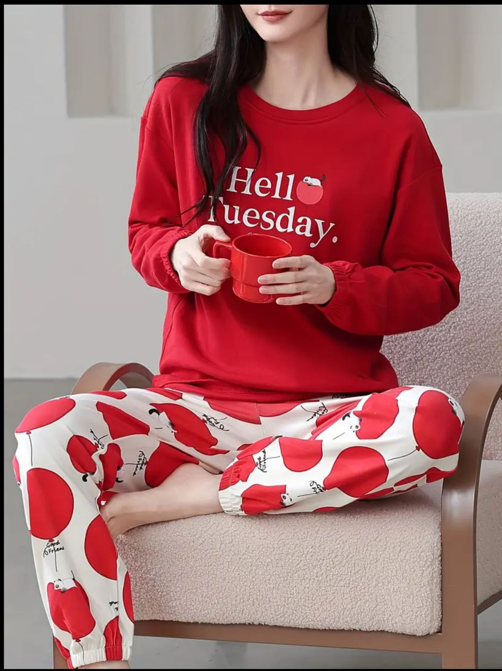 Red Hello Tuesday Printed Full Sleeves PJ Set For Her