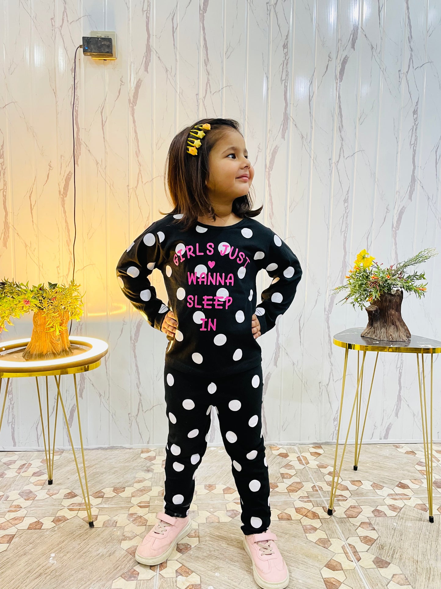 Black Polka Dot wanna sleep Printed Kids Night Suit(ZA-244)
