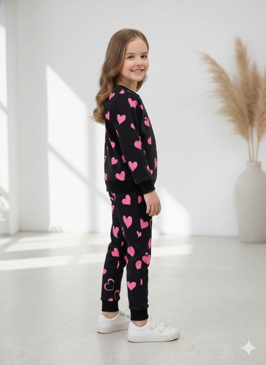Black Kitty With Pink Hearts Printed Sweatshirt with Matching trouser Kids track suit